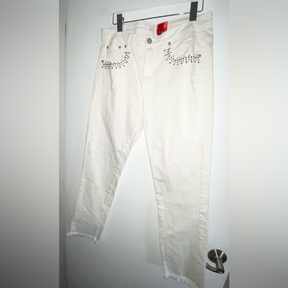 V Christina White Skinny Fray Hem Ankle Denim Jeans Studded Size 12